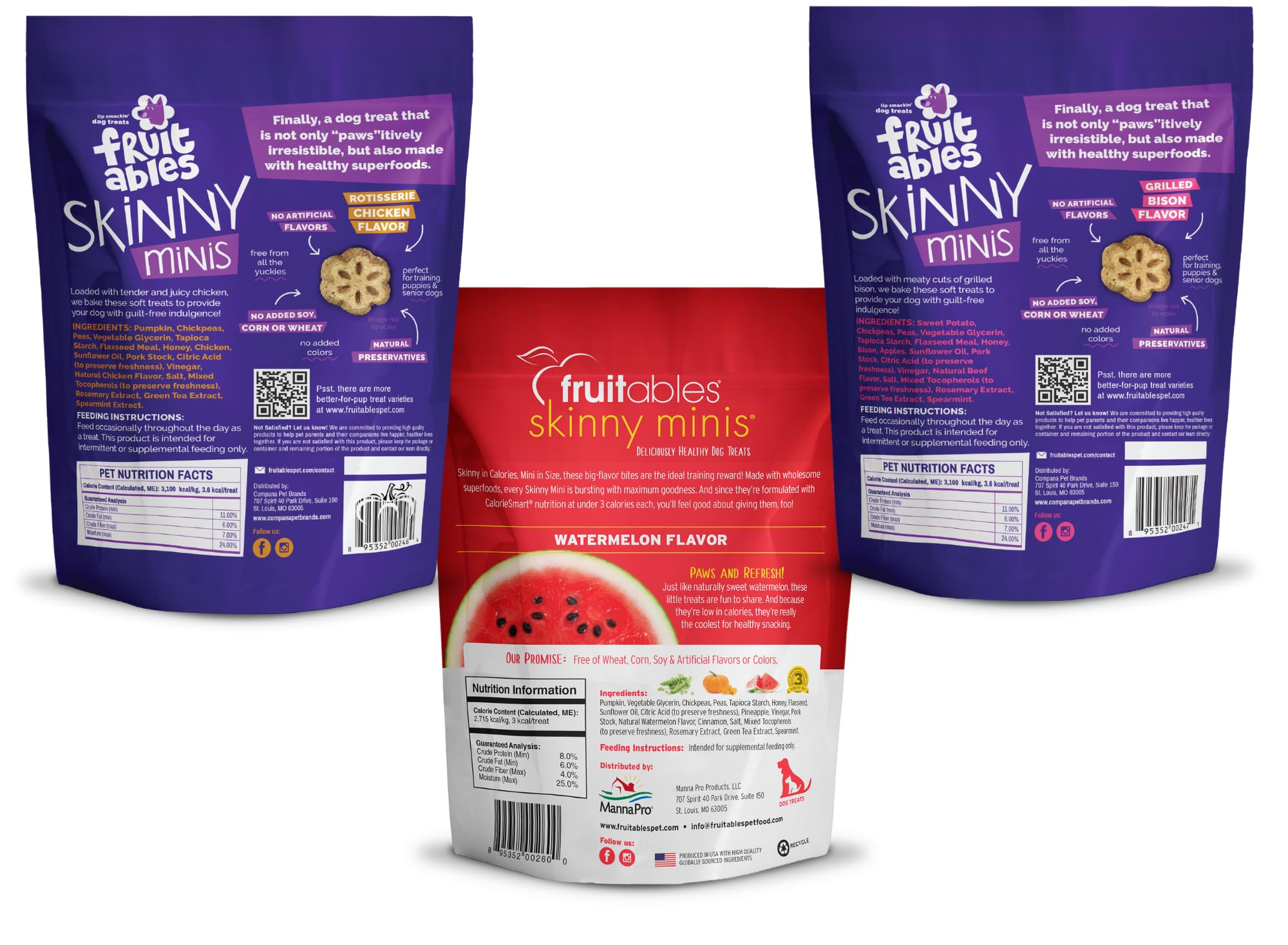 Fruitables Skinny Minis grilled bison treat close-up, a savory chew for training sessions