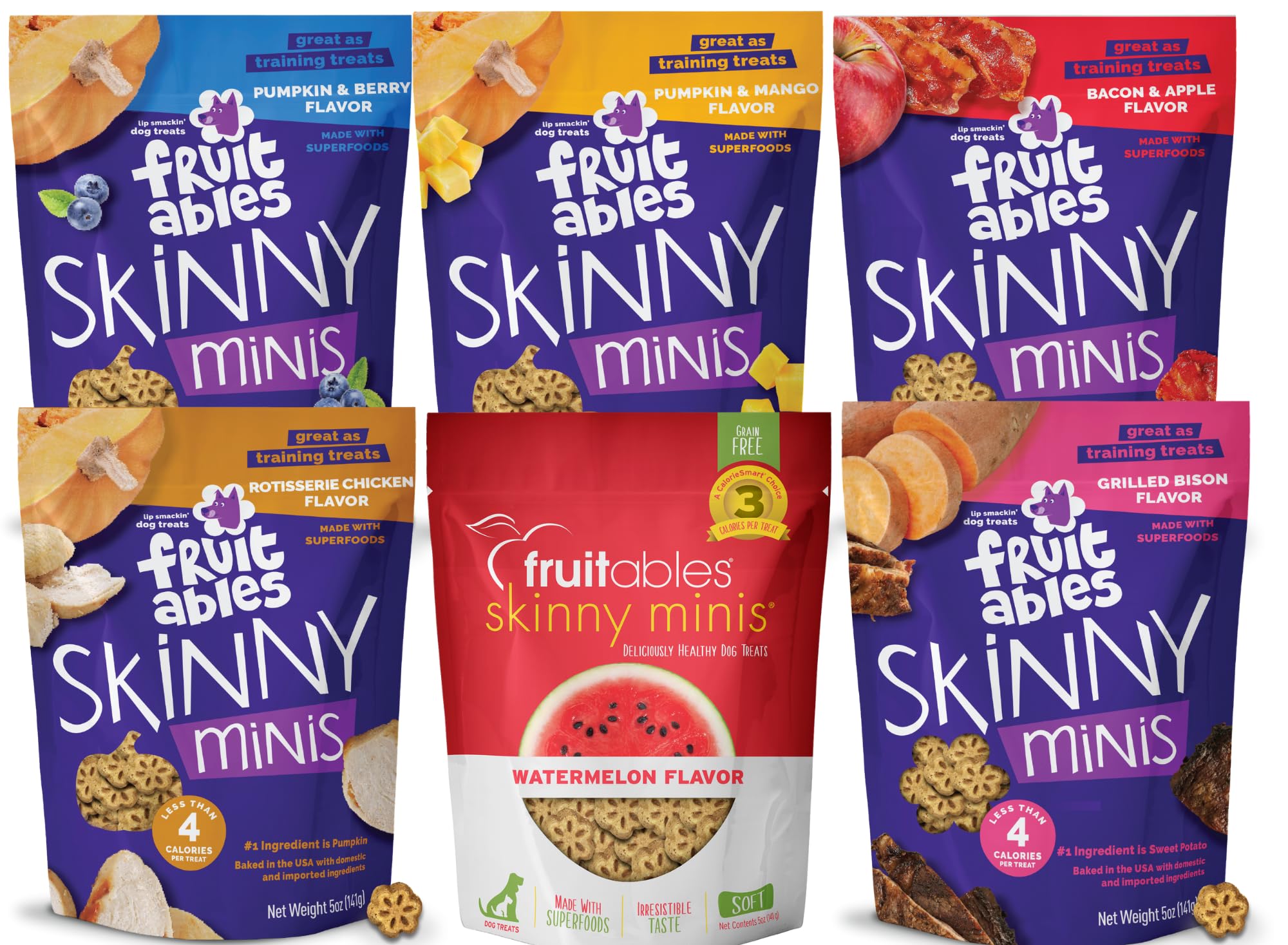 Fruitables Skinny Minis variety pack front view, ideal portable training rewards for dogs
