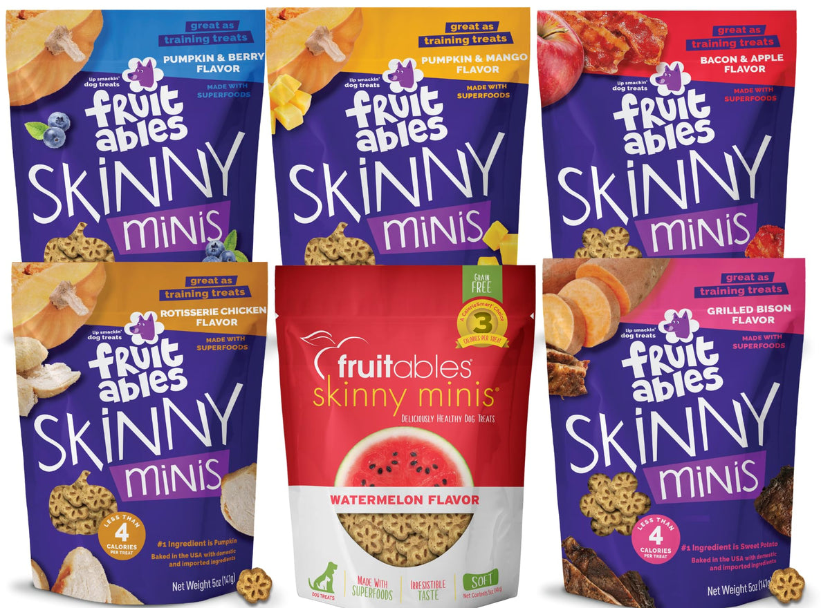 Fruitables Skinny Minis variety pack front view, ideal portable training rewards for dogs