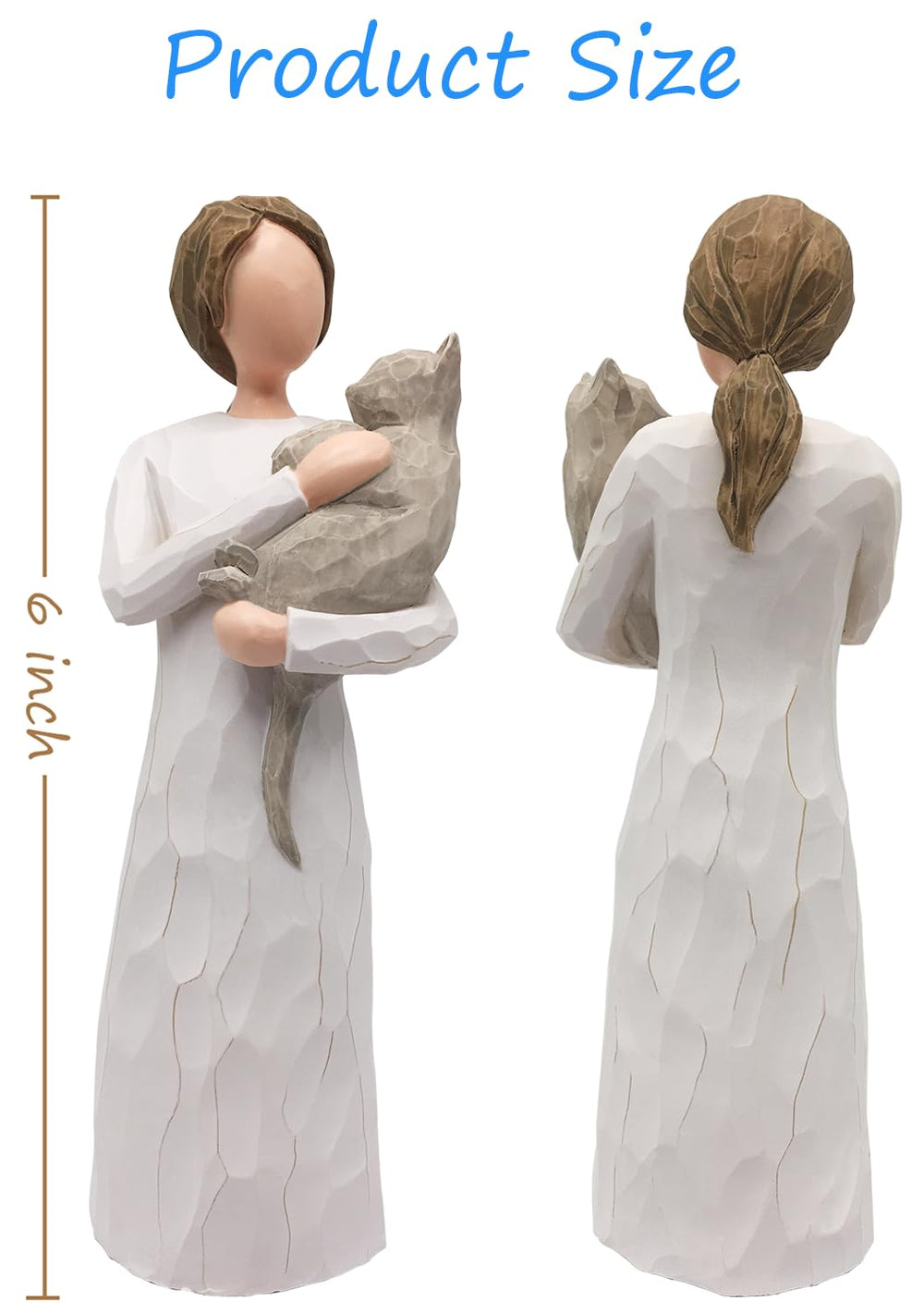 FRUMOASA cat angel sculpture in wood-carved dress sits securely on surfaces.