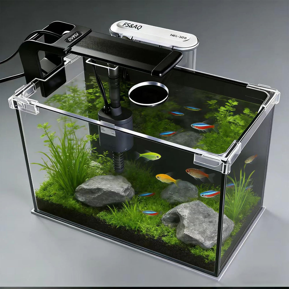FS&AQ 2.5-gallon Betta Tank front view on a desk, easy viewing for daily care.