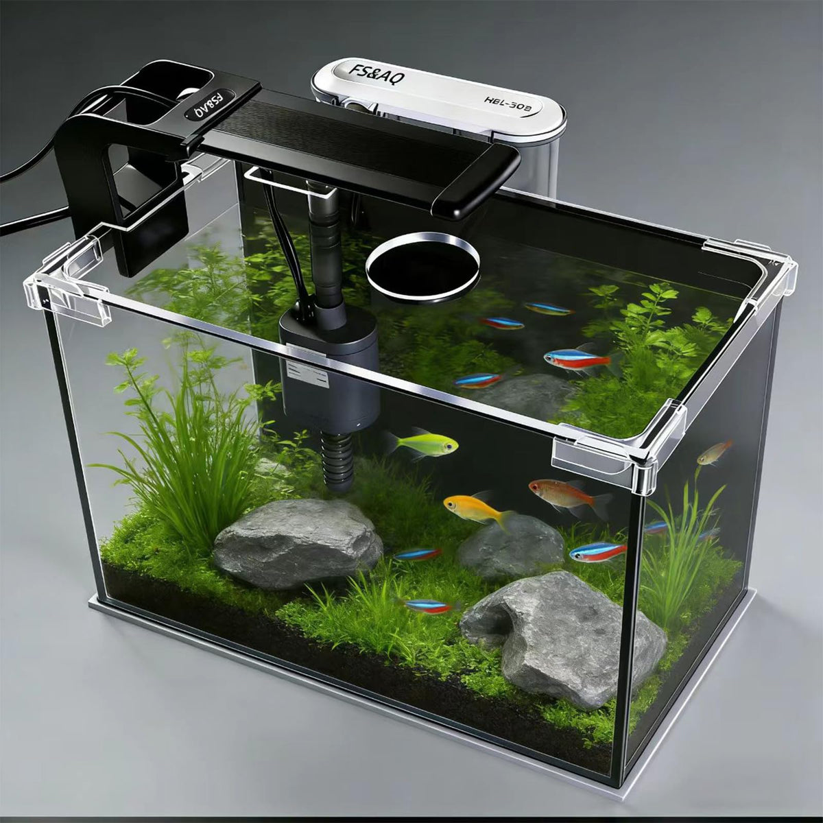 FS&AQ 2.5-gallon Betta Tank front view on a desk, easy viewing for daily care.