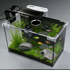 FS&AQ 2.5-gallon Betta Tank front view on a desk, easy viewing for daily care.