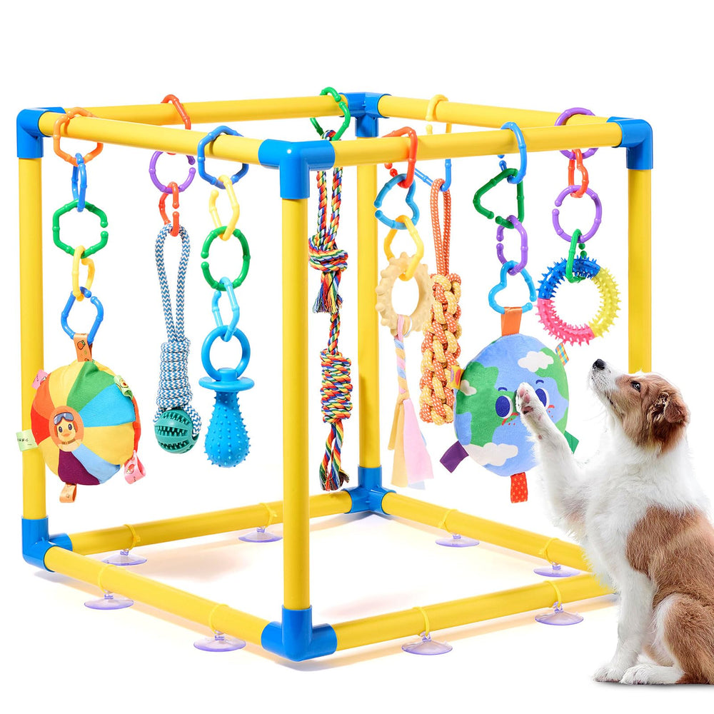 Fsawdnn Puppy Play Gym assembly shows pvc frame and suction cups for secure indoor play