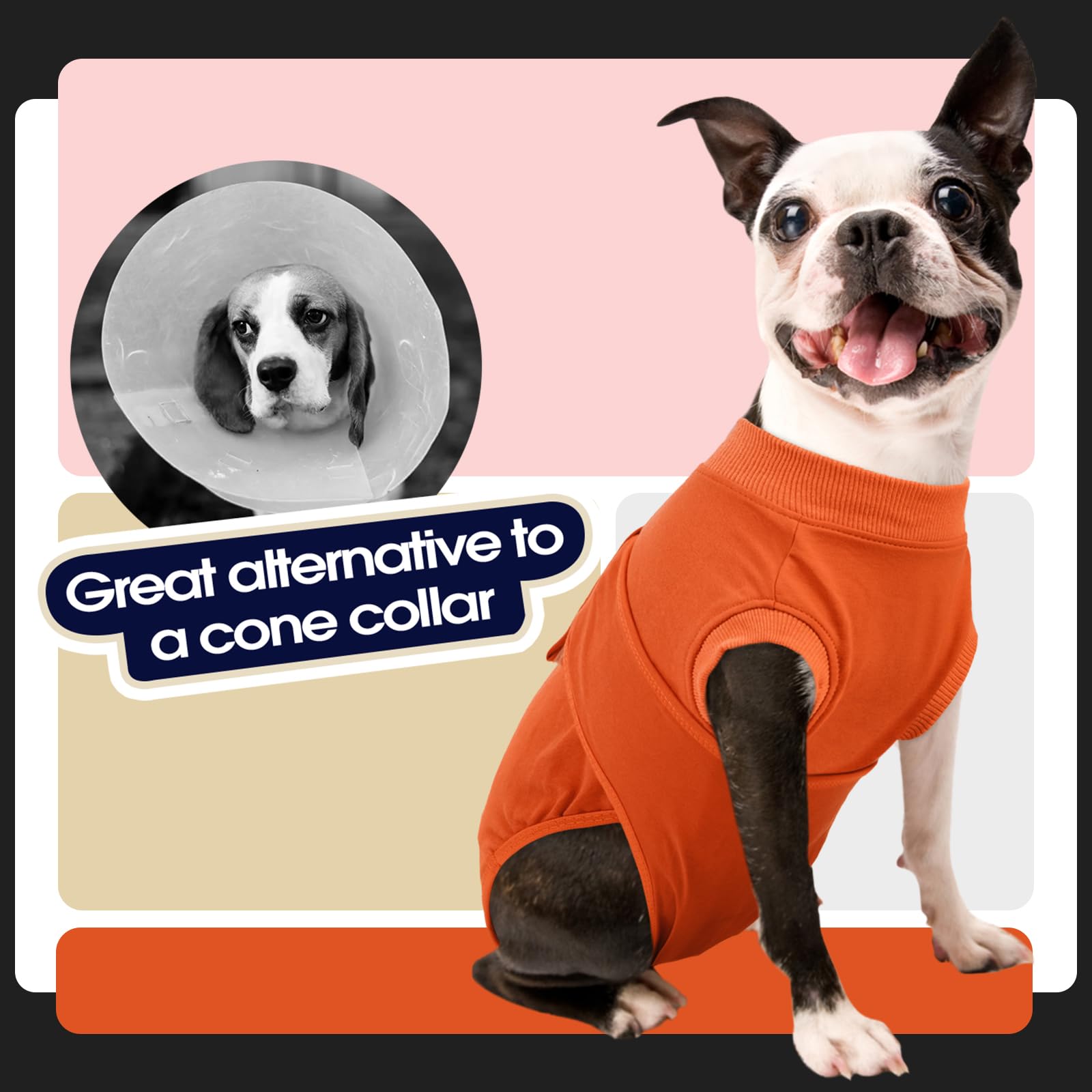 FUAMEY dog recovery suit close-up highlights stretchable cotton-spandex blend