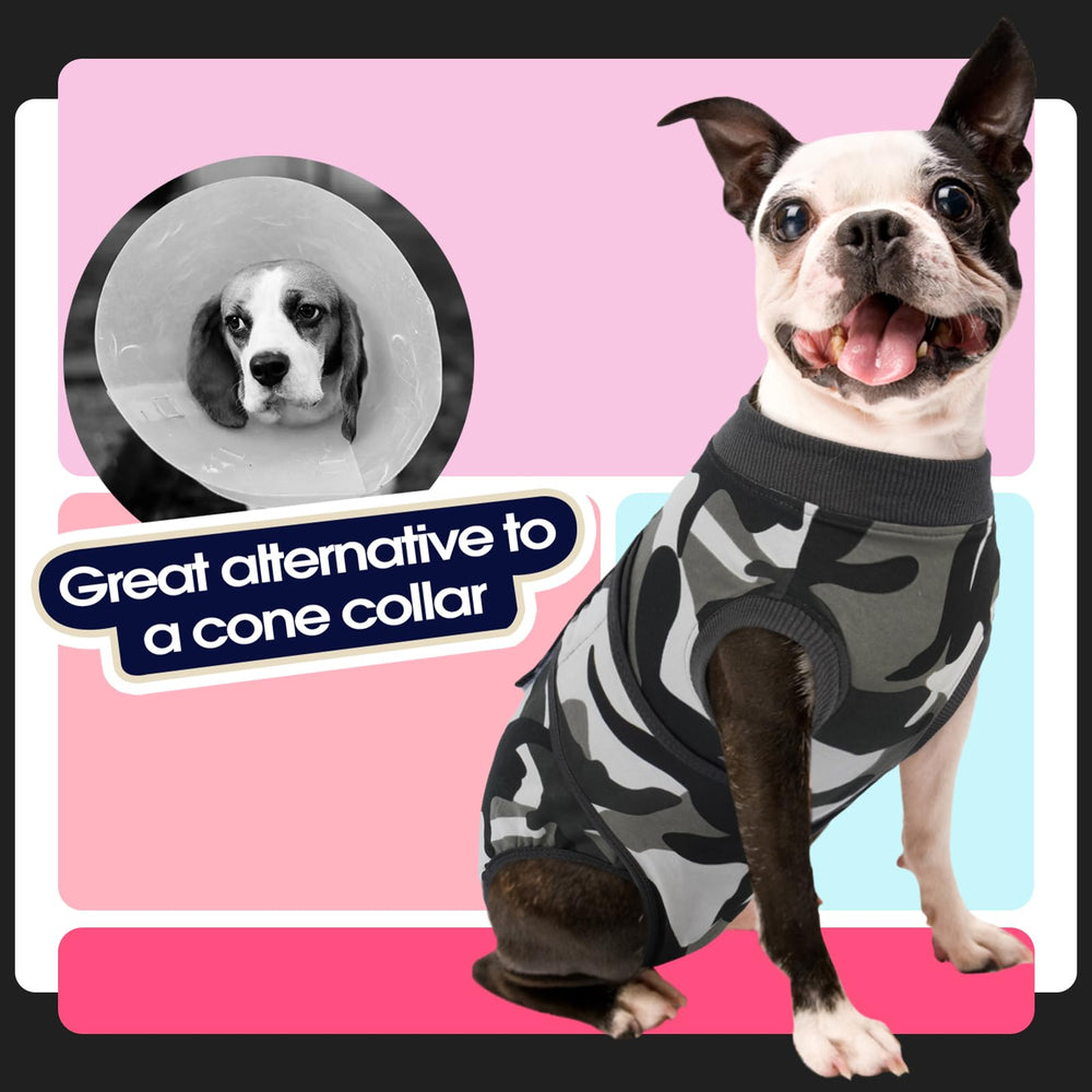 FUAMEY Dog Recovery Suit grey-camouflage adds discreet indoor wear coverage.