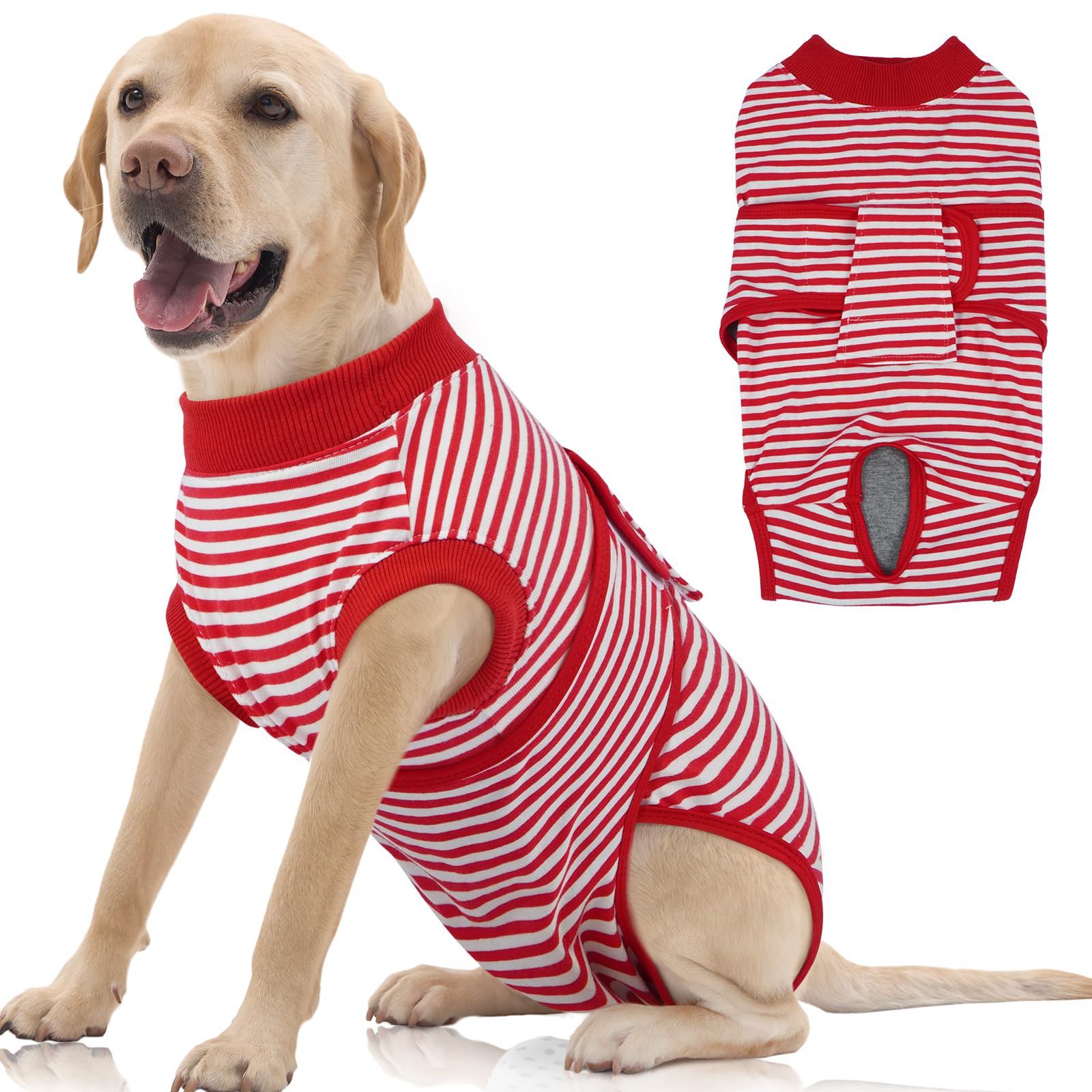 FUAMEY dog recovery suit back view shows red stripes for post-op protection.