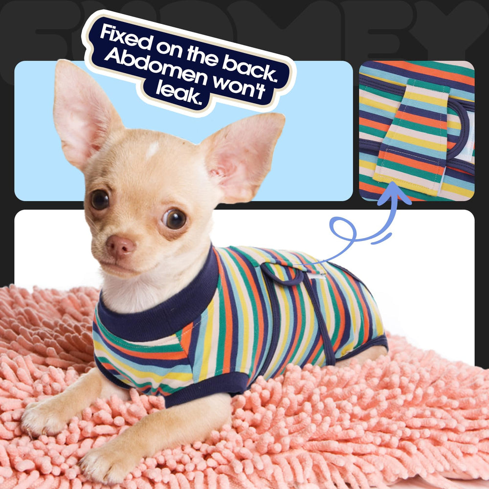 Dog relaxing in FUAMEY recovery suit as comfortable home wear.