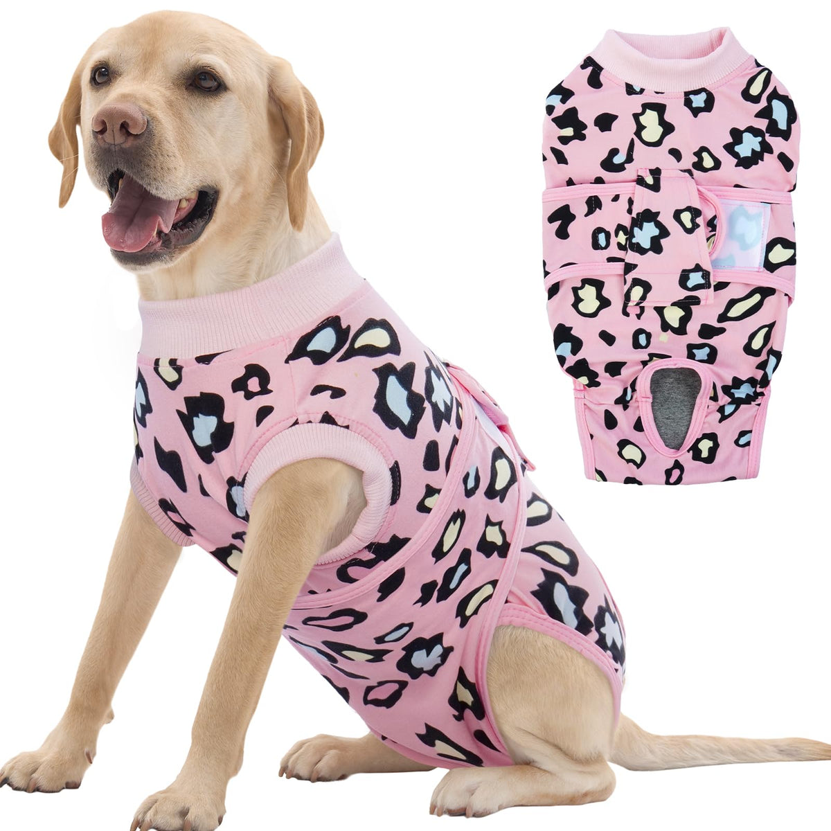 FUAMEY recovery suit on a dog, front view, gentle post-surgery protection.