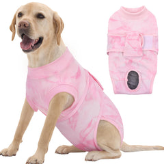 FUAMEY recovery suit on a dog after surgery, pink tie-dye, size XL for comfort.