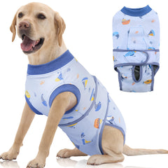 FUAMEY recovery suit on a blue boat dog shows post-surgery comfort and protection