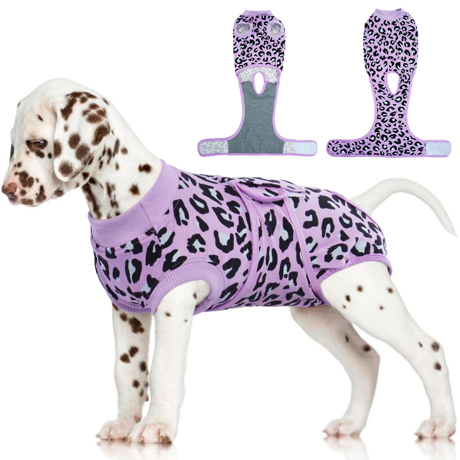 FUAMEY Recovery Suit for Dogs in purple leopard front view protects wounds.