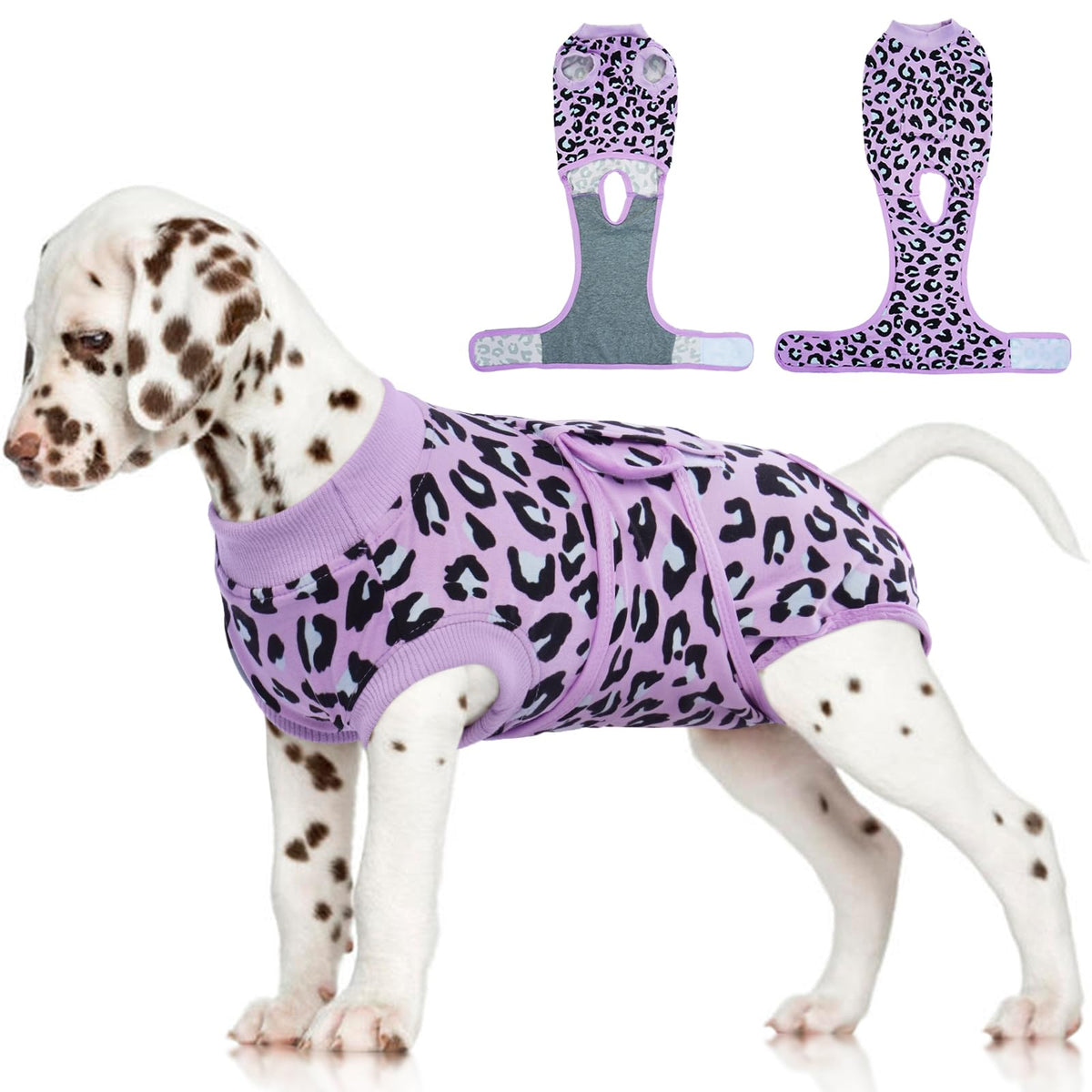 FUAMEY Recovery Suit for Dogs in purple leopard front view protects wounds.