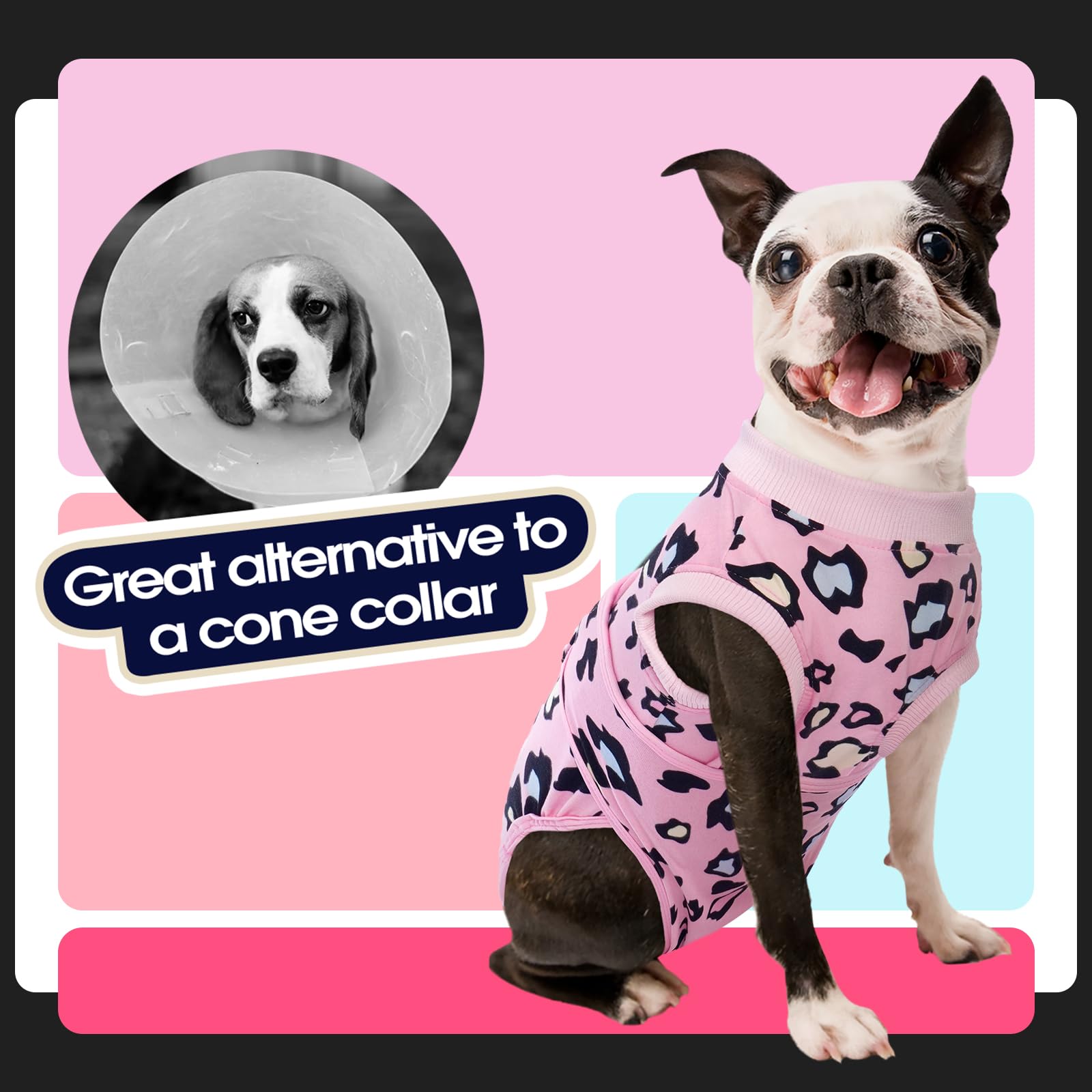 FUAMEY recovery suit shown as an E-collar alternative during healing.