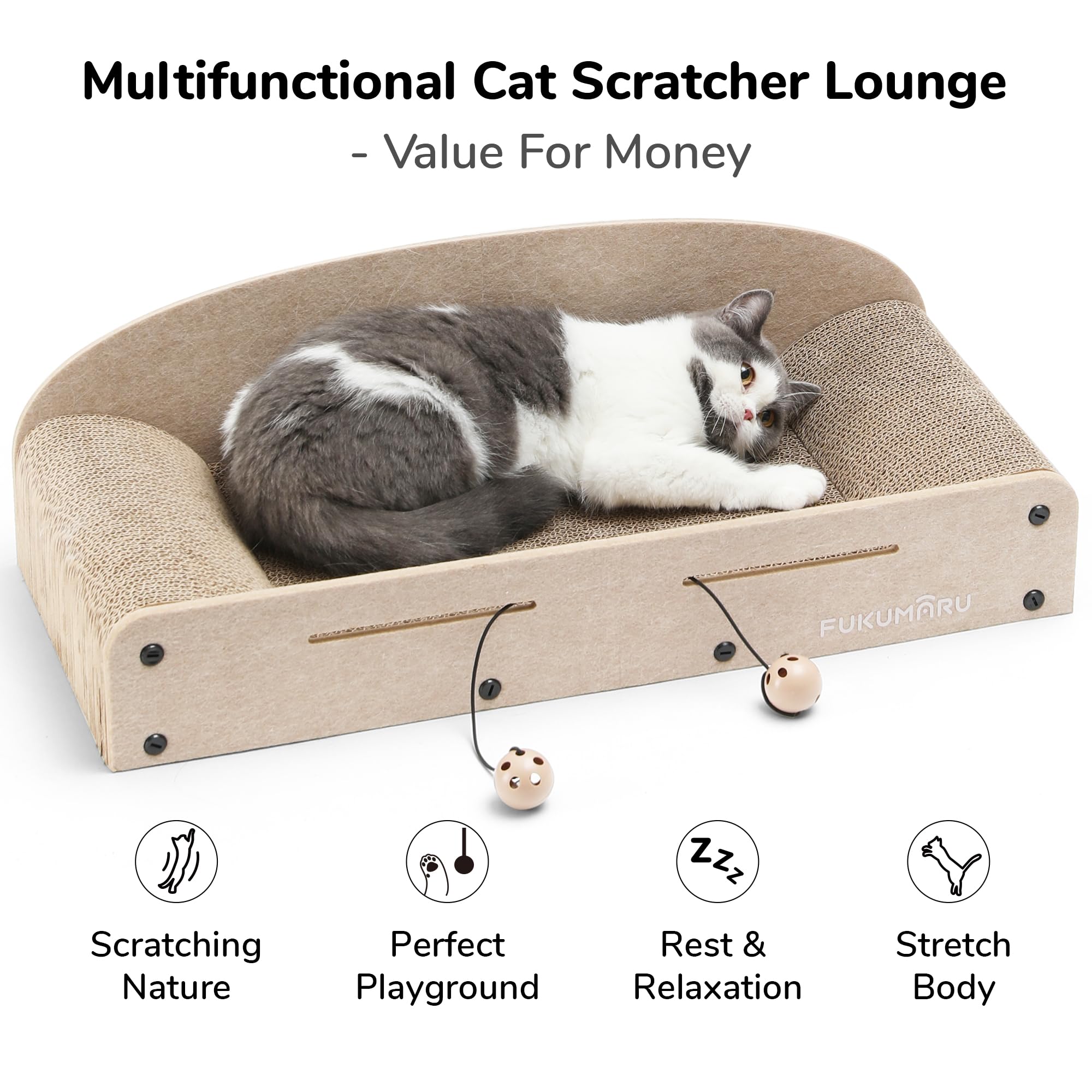 FUKUMARU cat scratcher bed side view, large surface for bigger cats.