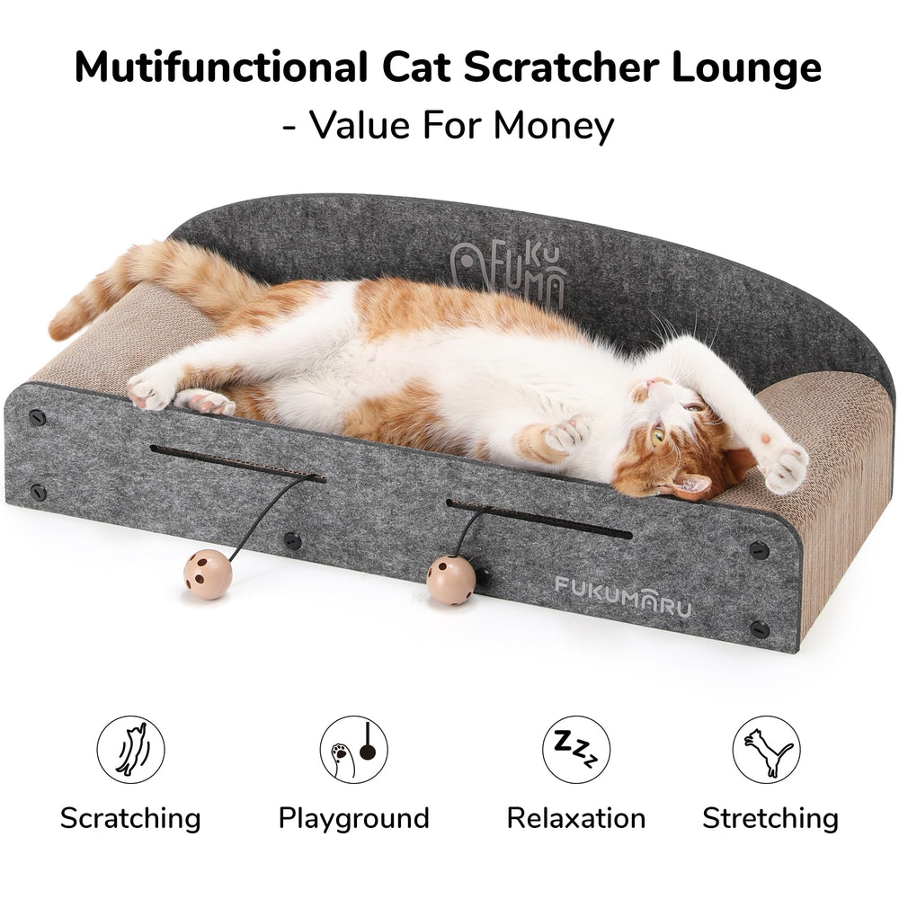 FUKUMARU 26-inch scratcher bed top view highlighting dual-surface scratchers for extended use.