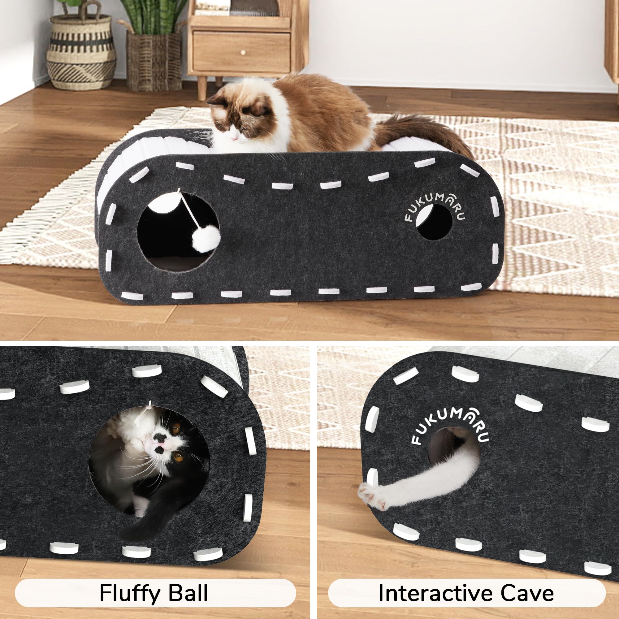 FUKUMARU cat bed cave side view, multi-level layout for playful lounging.