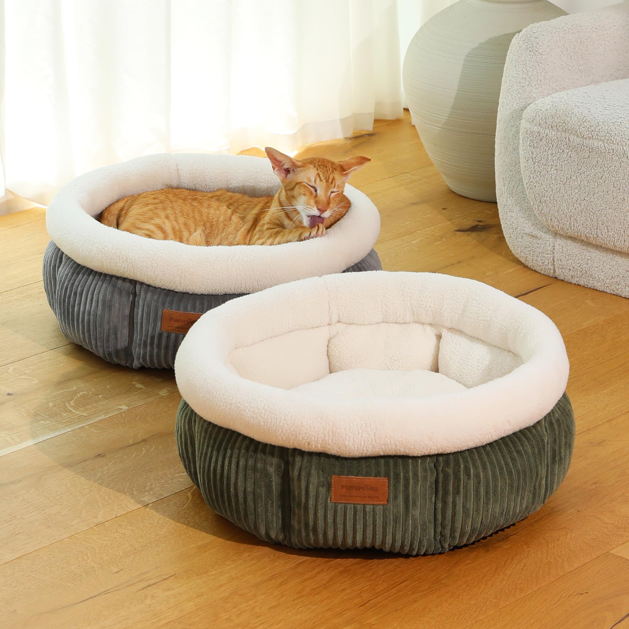 FUKUMARU bed green in a cozy living room scene for indoor pets