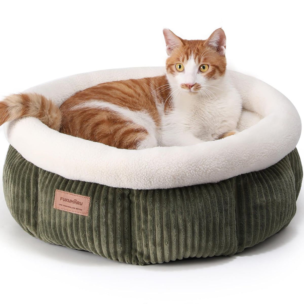 FUKUMARU corduroy round cat bed green top view showing cozy rounded retreat for naps
