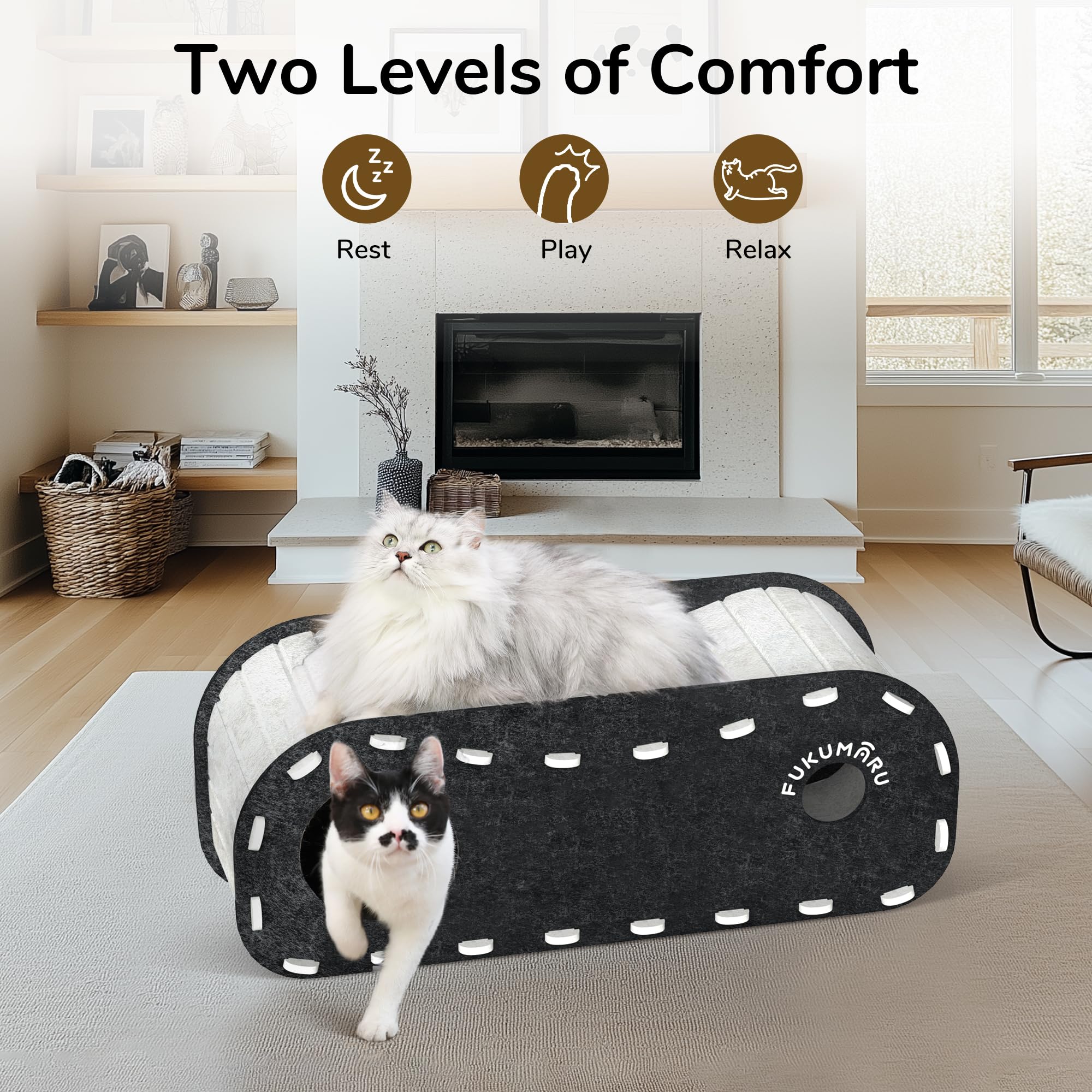 FUKUMARU cat bed tunnel entry, cozy hideaway for anxious cats to retreat.