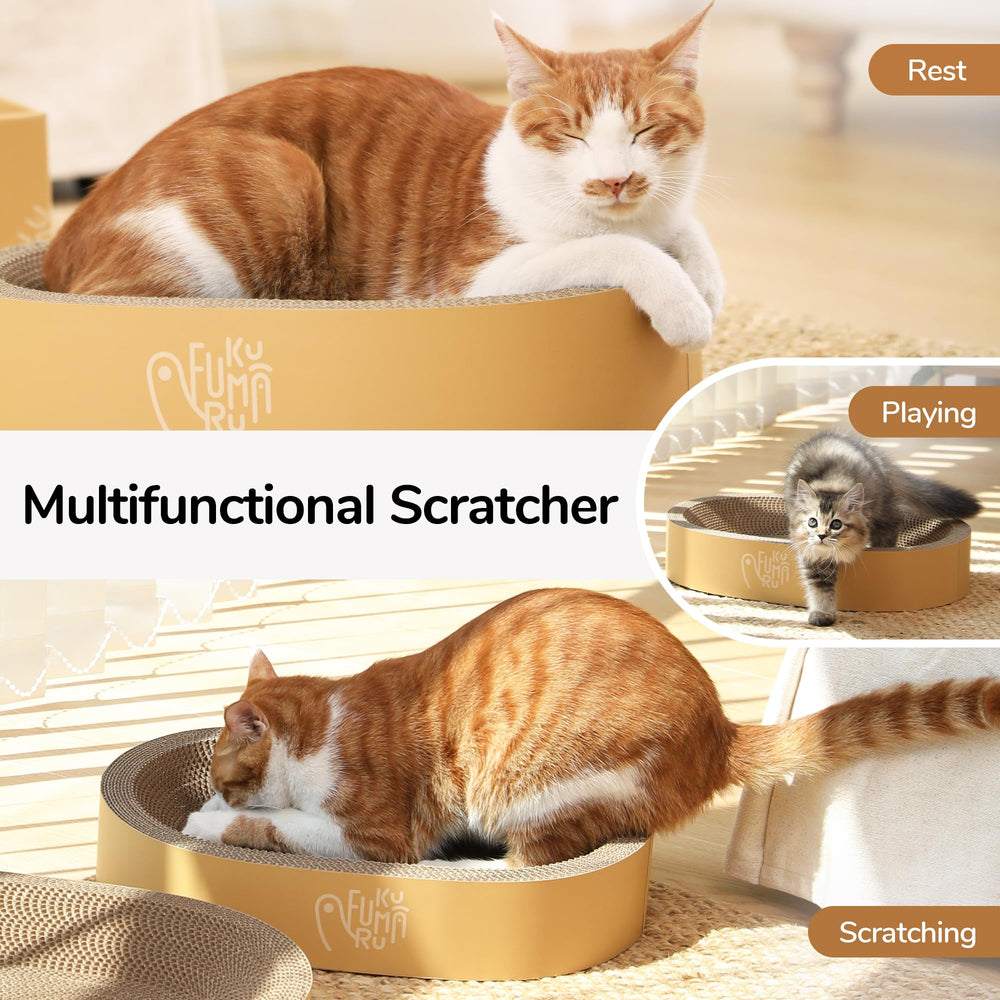 FUKUMARU cat scratcher bed in use on sofa protecting furniture.