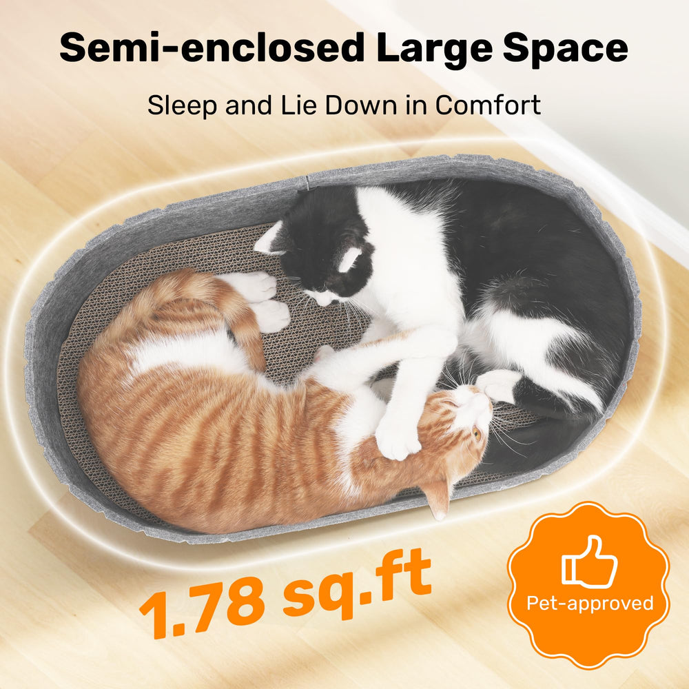 FUKUMARU cat scratcher side view showing easy front access for cats.