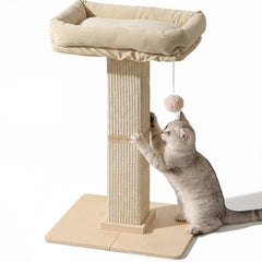 FUKUMARU cat scratching post with perch offers a cozy lounging spot.
