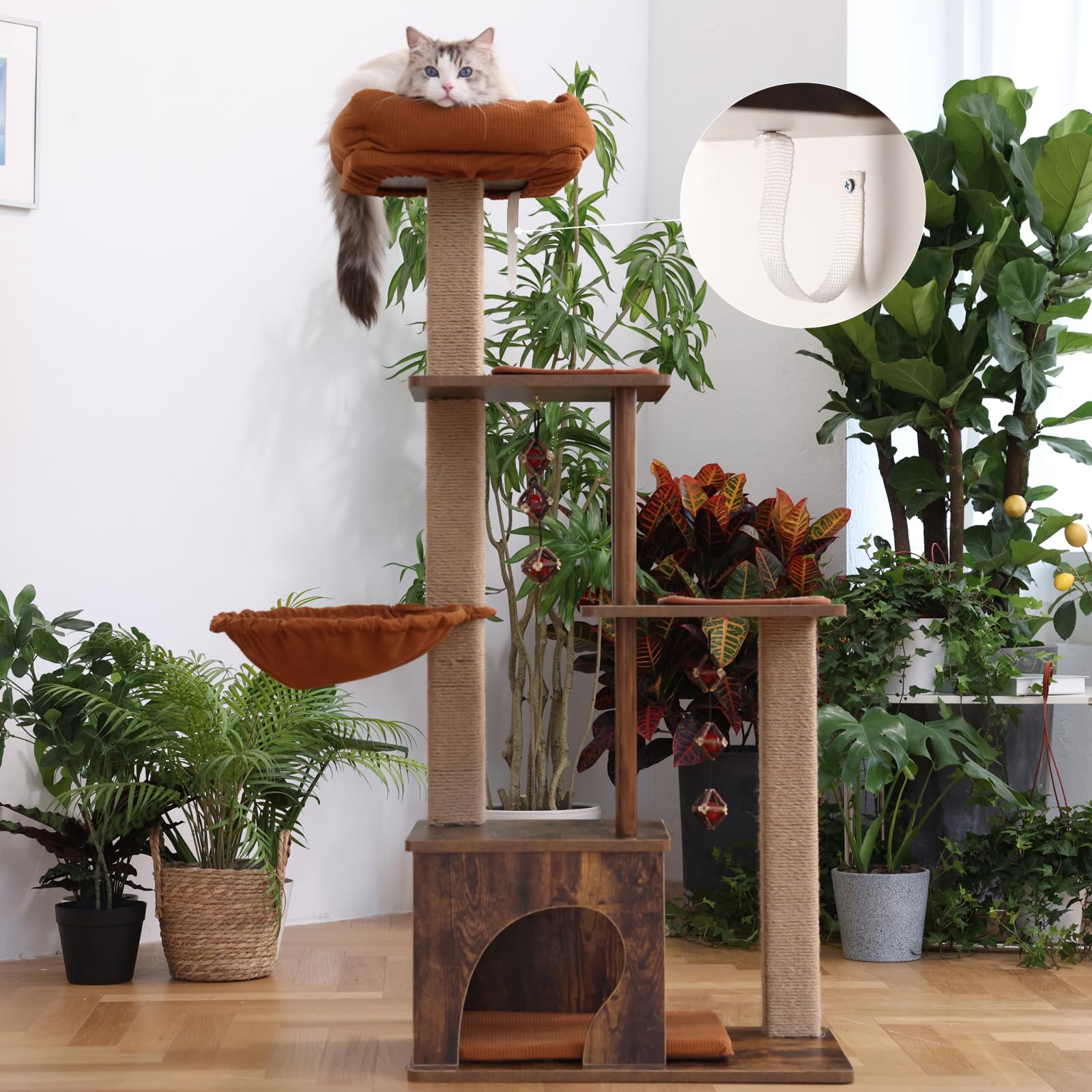 FUKUMARU cat tree perch view—cozy high spot for supervising pets.