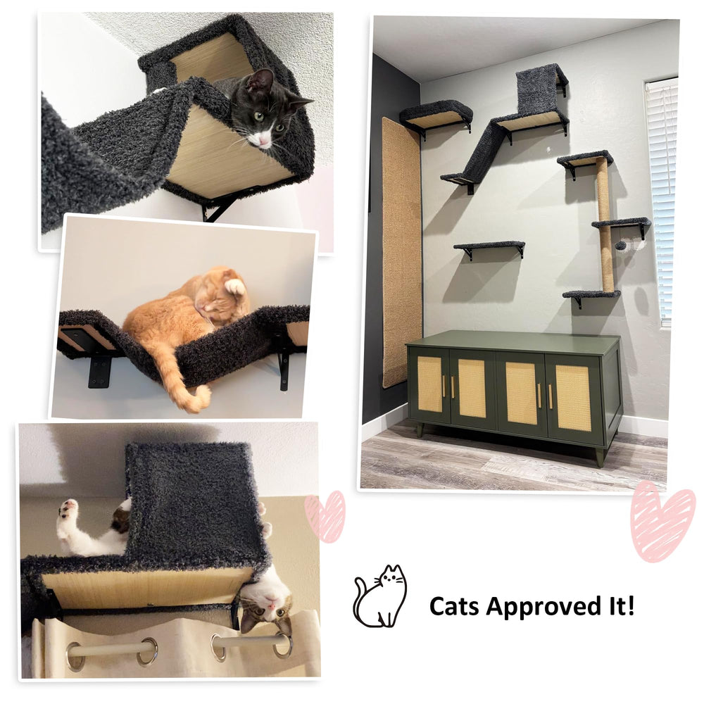 FUKUMARU scratching post integrated into shelves supports paw care and play.