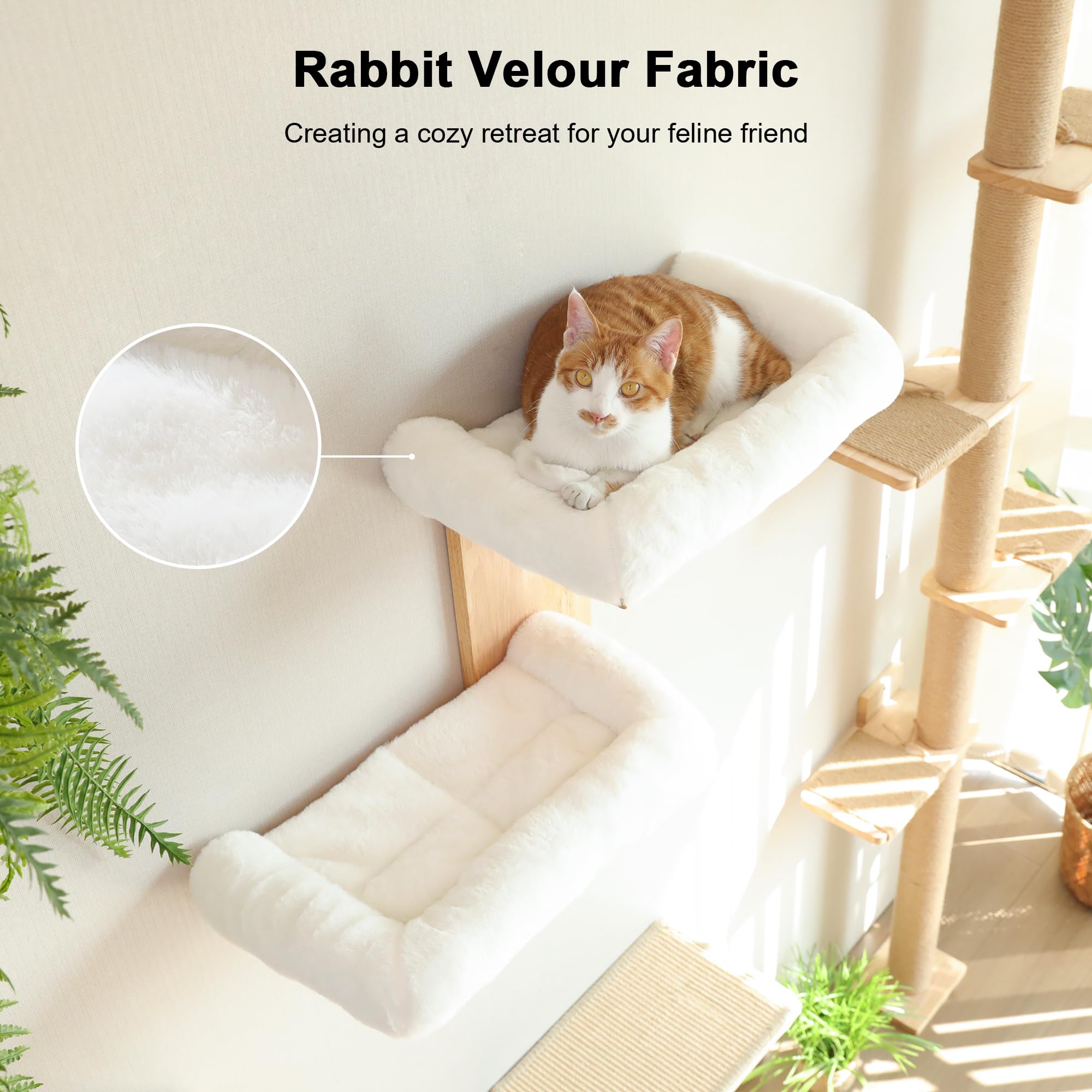 FUKUMARU soft velour bed on cat shelf provides cozy naps.