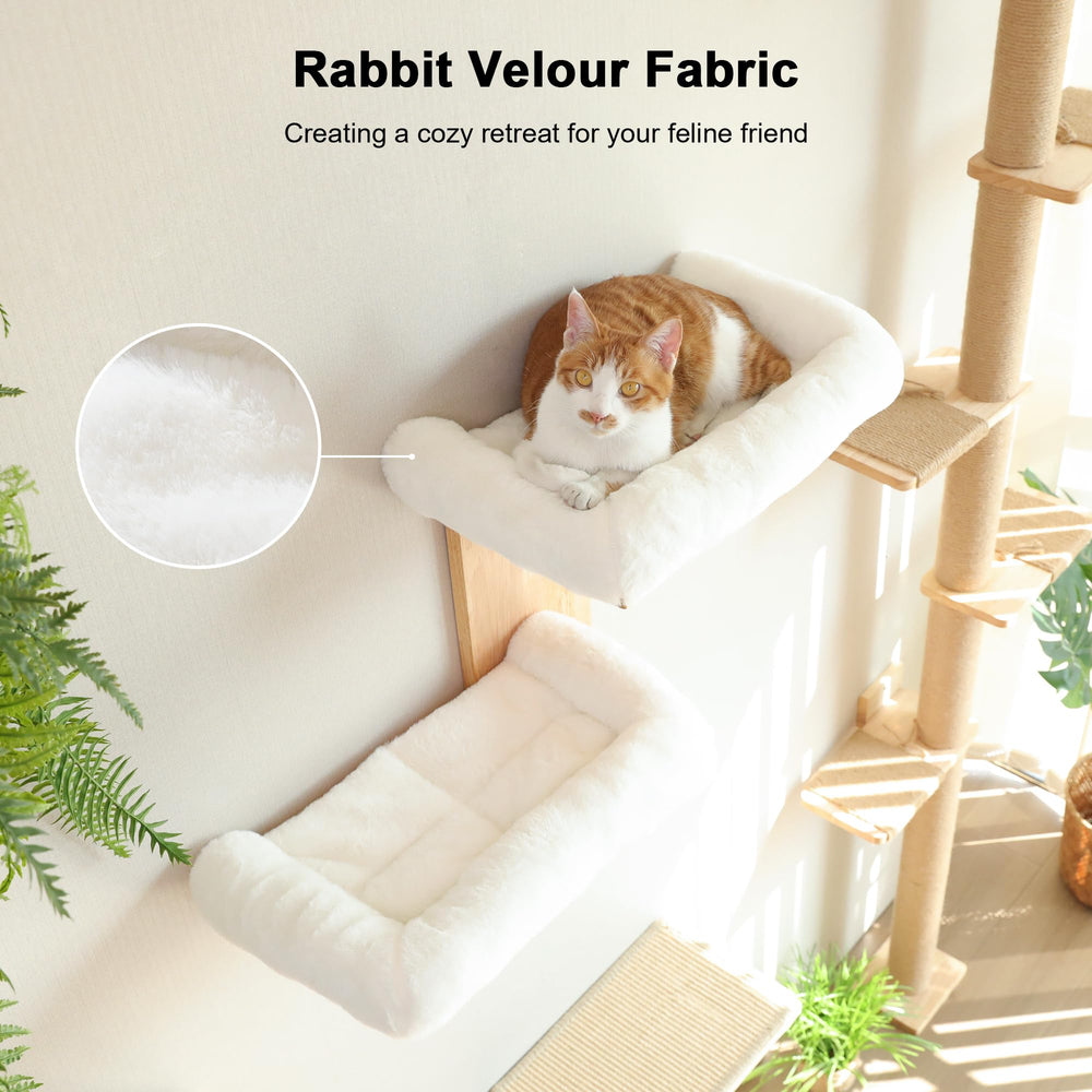 FUKUMARU soft velour bed on cat shelf provides cozy naps.
