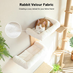 FUKUMARU soft velour bed on cat shelf provides cozy naps.