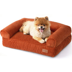 FUKUMARU dog couch bed in orange corduroy, cozy resting for small dogs.