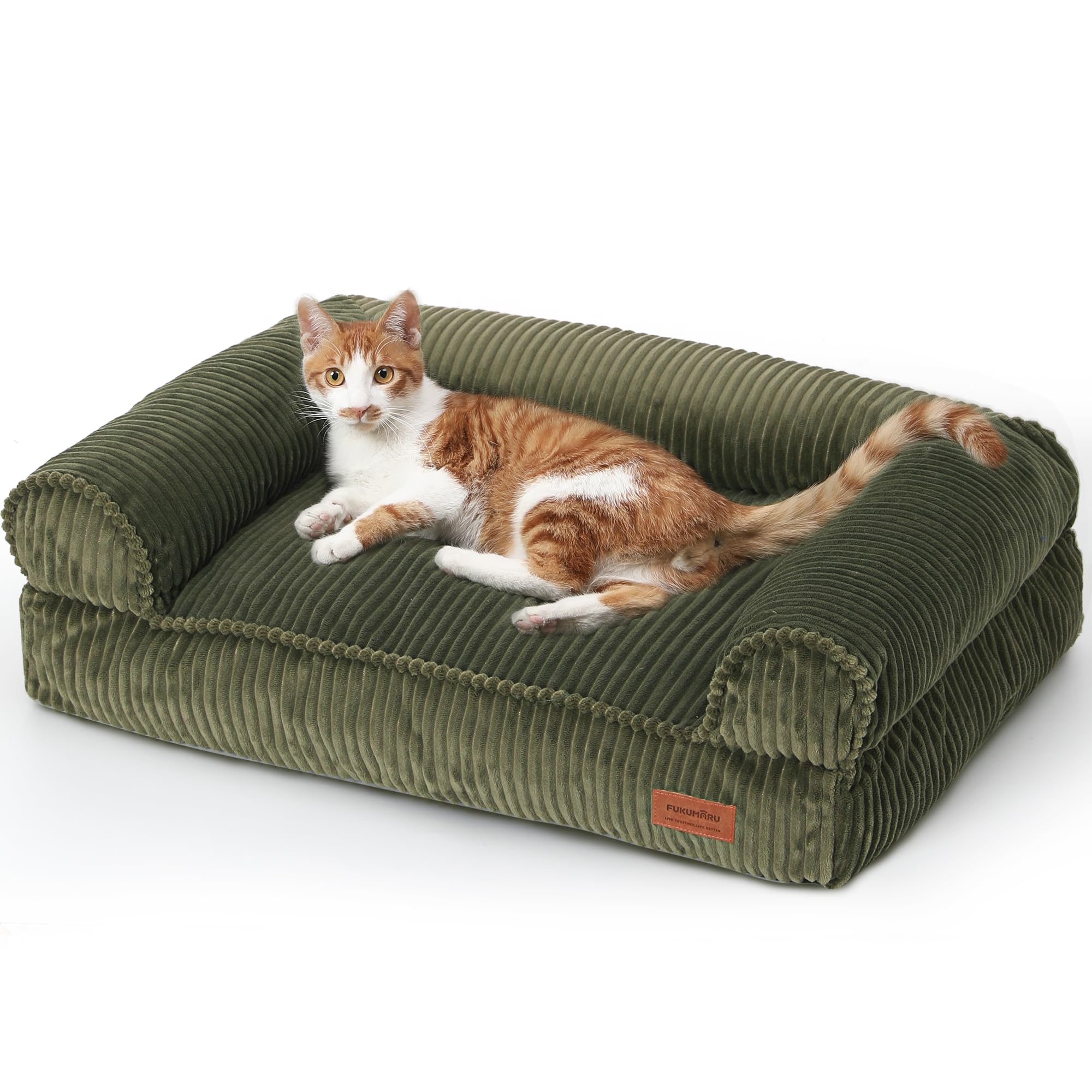 FUKUMARU dog couch bed in green, front view for cozy indoor lounging.