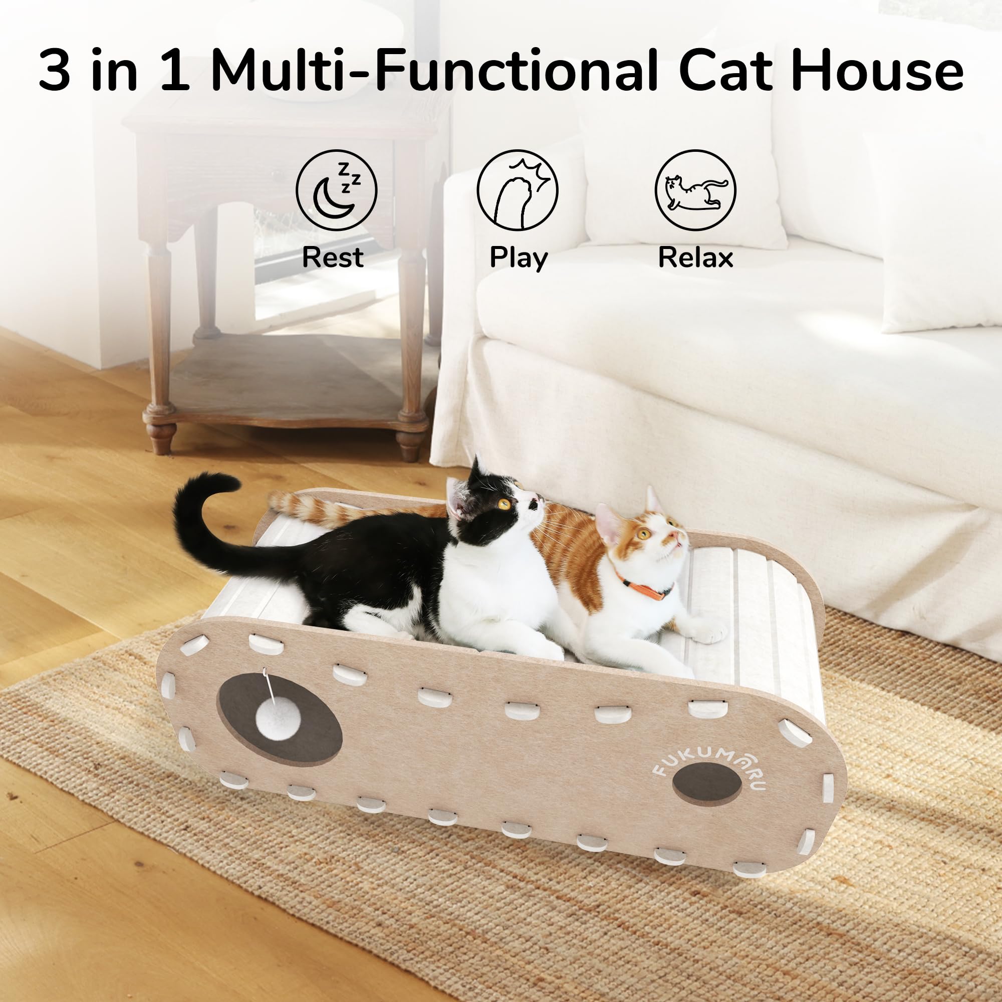 FUKUMARU extra-long bed with fluffy ball invites playful lounging and enrichment