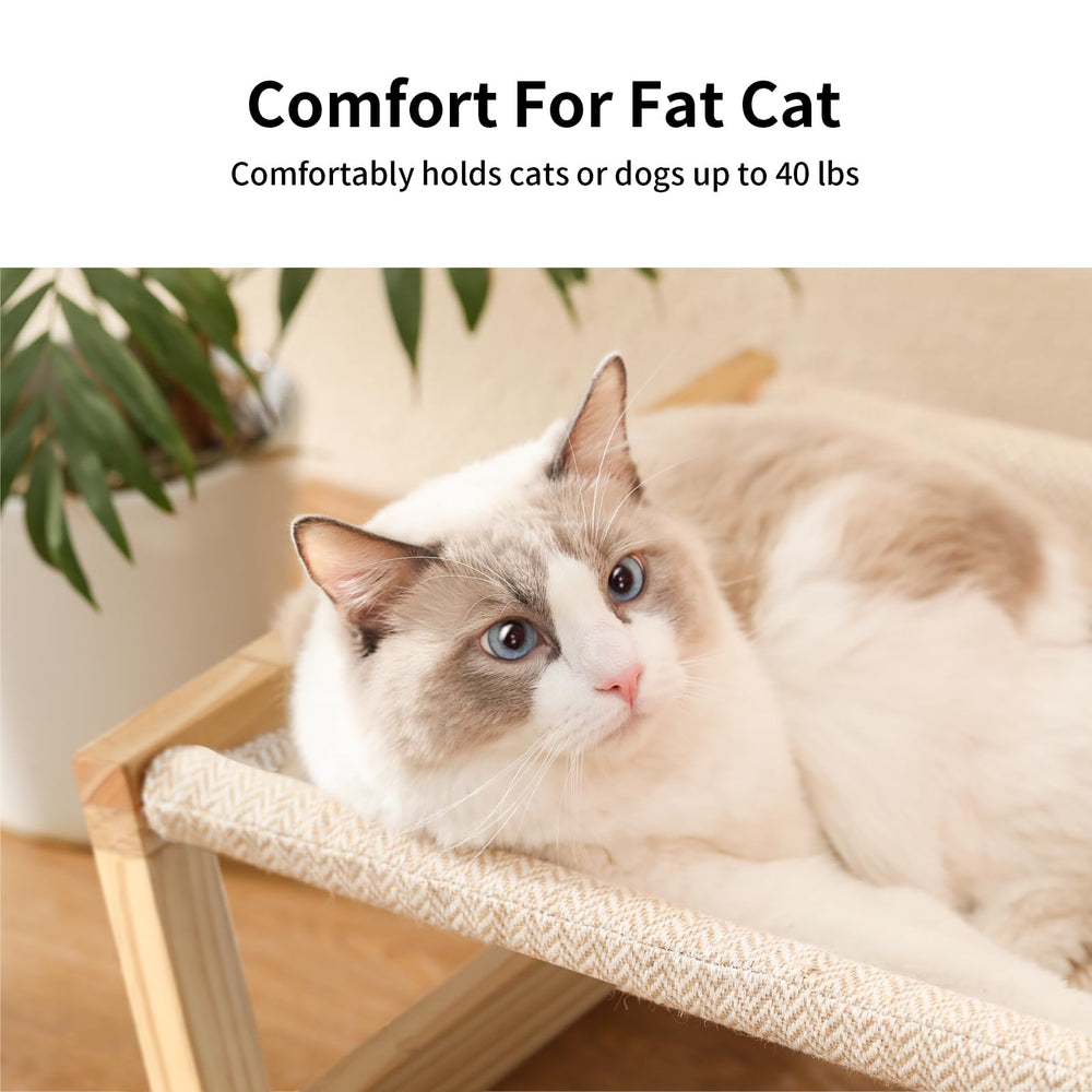 FUKUMARU raised pet bed, 21-inch height for elevated viewing.