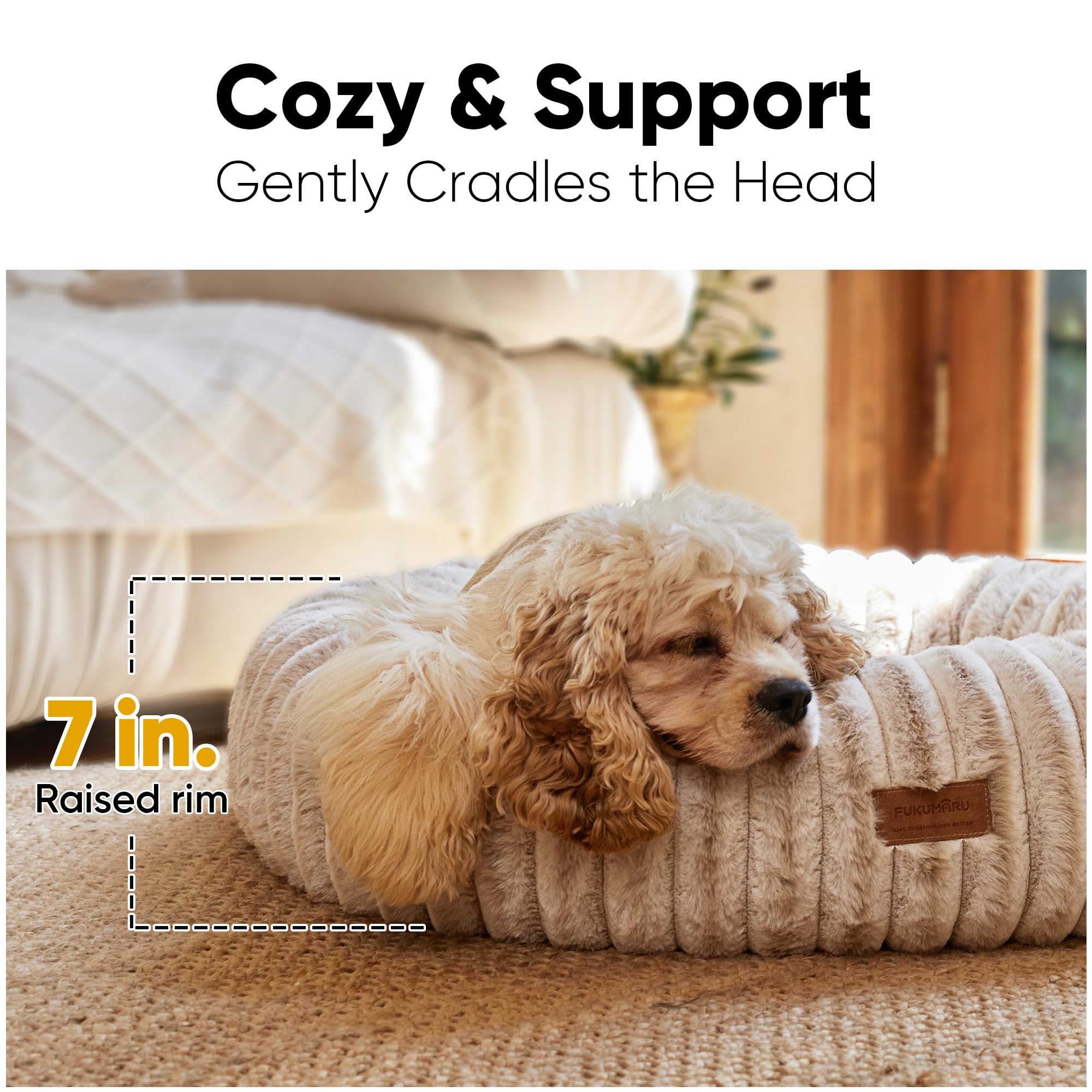 FUKUMARU round orthopedic dog bed promotes healthy posture during naps.