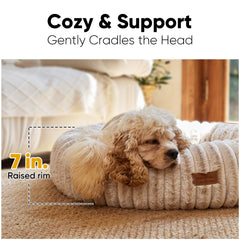 FUKUMARU round orthopedic dog bed promotes healthy posture during naps.