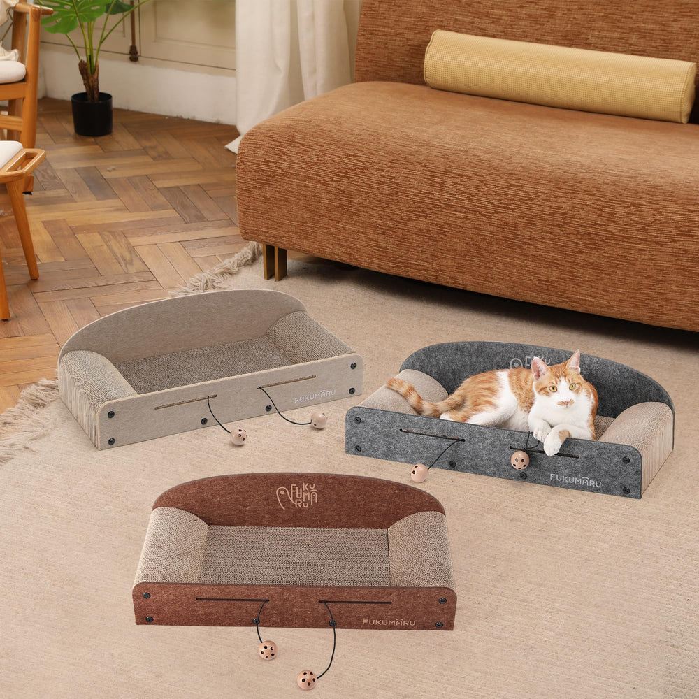 FUKUMARU furniture-protecting cat bed illustration shows multi-cat suitability.