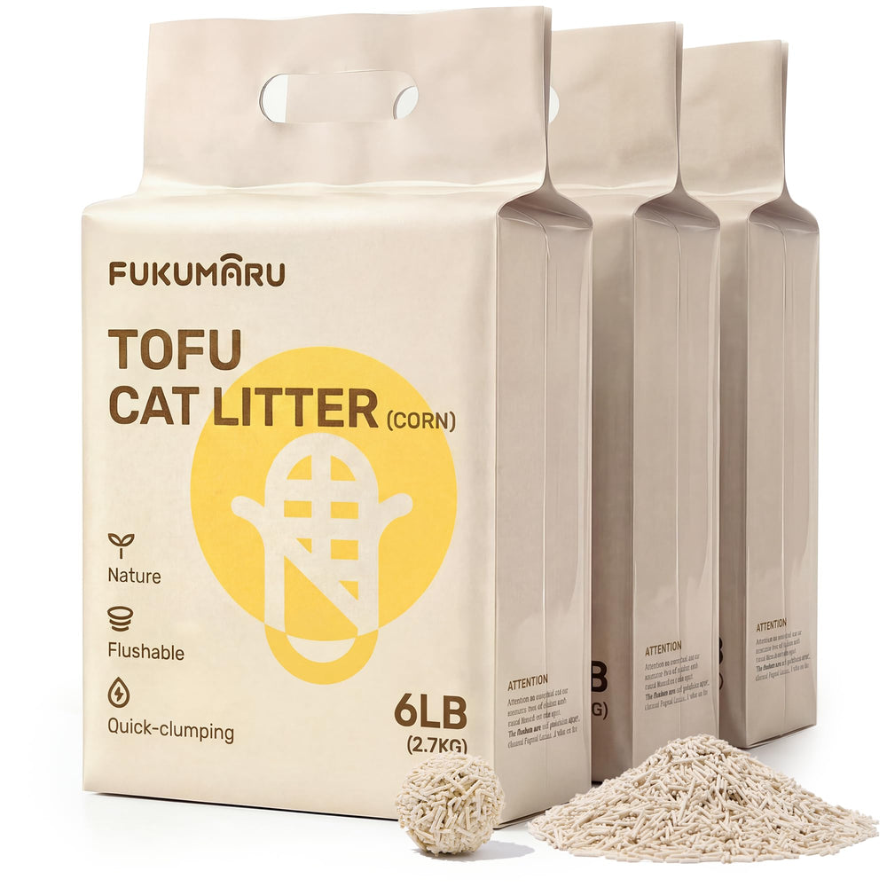 FUKUMARU tofu cat litter bag closeup shows compact packaging and plant-based formula.