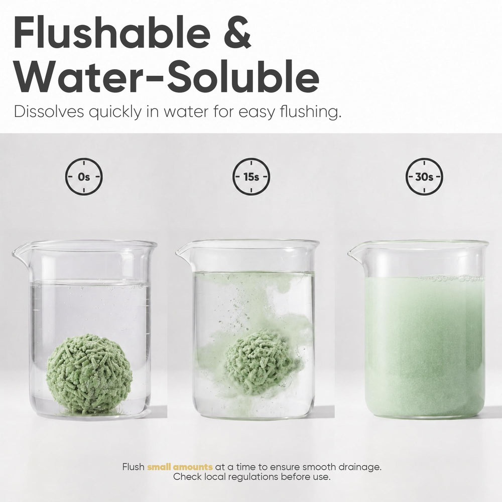 FUKUMARU flushable litter being disposed via toilet where permitted.
