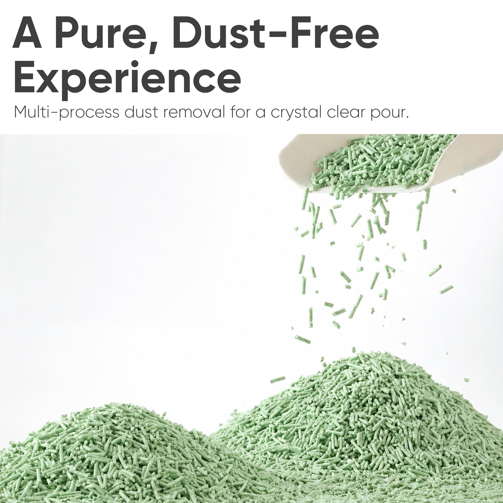 FUKUMARU green tea pellets close-up illustrating natural odor control.
