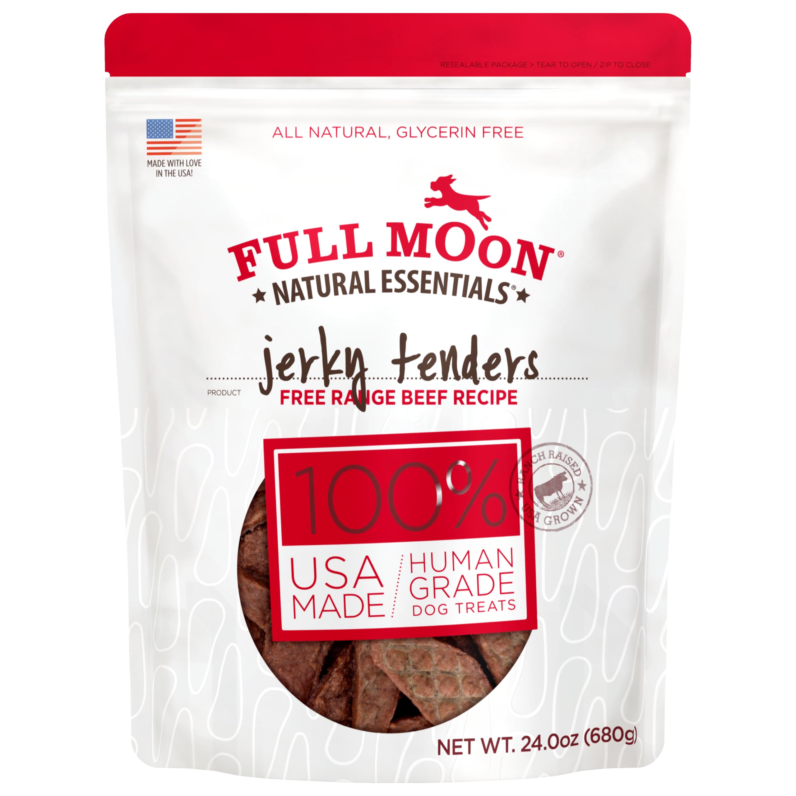 Full Moon Beef Tenders bag open showing natural, human-grade dog treats.