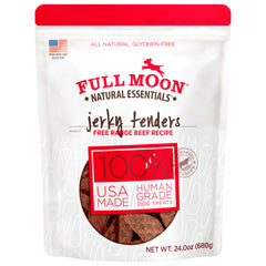 Full Moon Beef Tenders bag open showing natural, human-grade dog treats.
