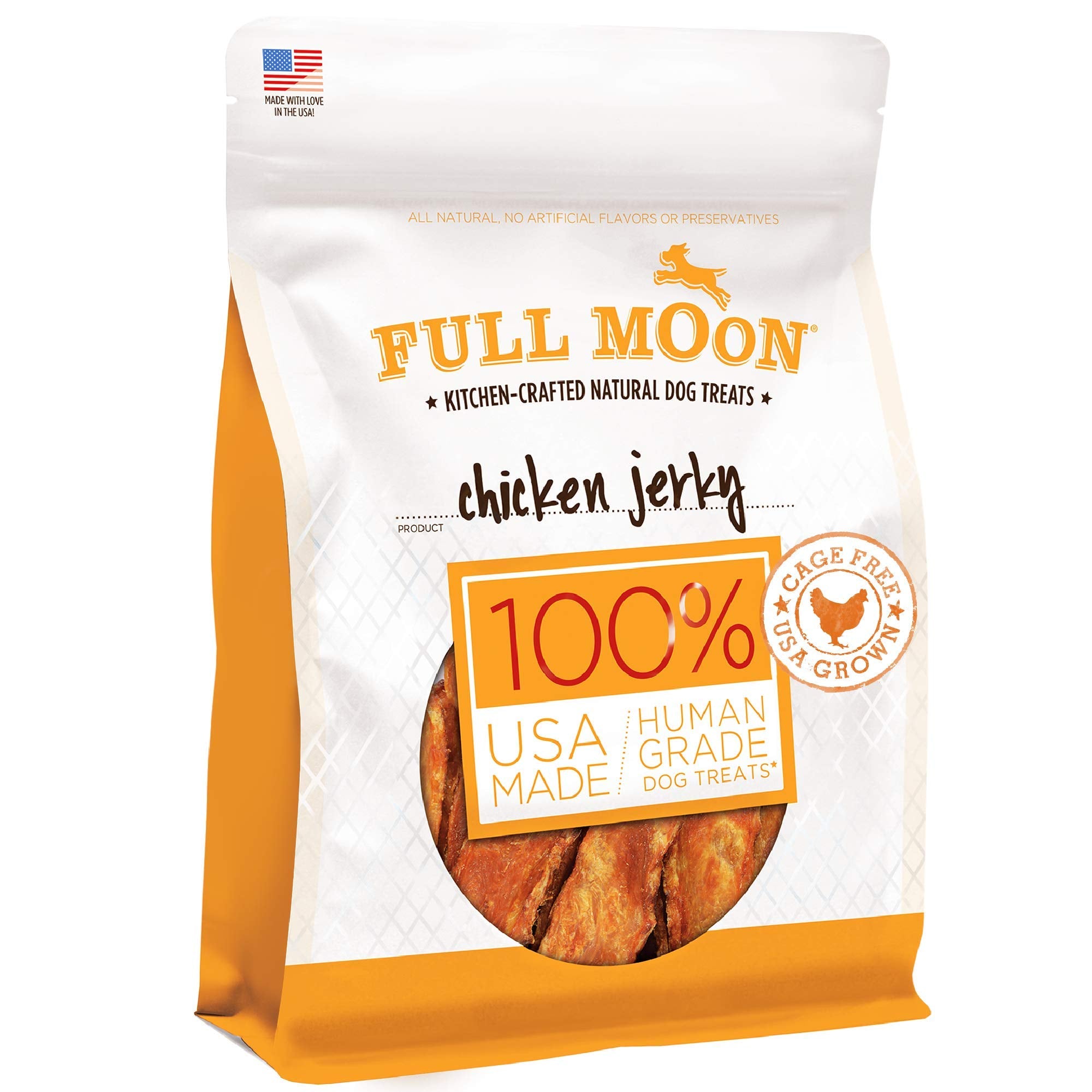 Full Moon Chicken Jerky label lists natural ingredients like rosemary and cane sugar.