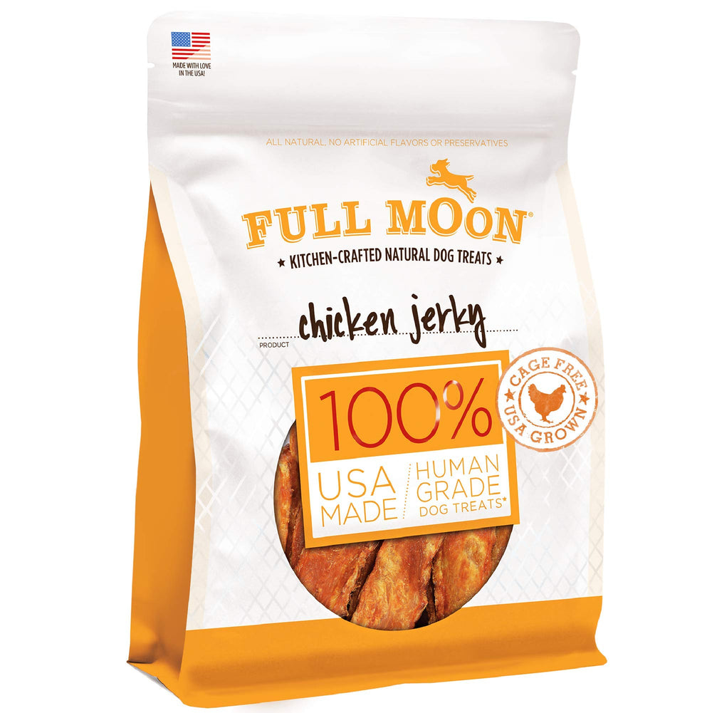 Full Moon Chicken Jerky label lists natural ingredients like rosemary and cane sugar.