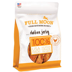 Full Moon Chicken Jerky label lists natural ingredients like rosemary and cane sugar.