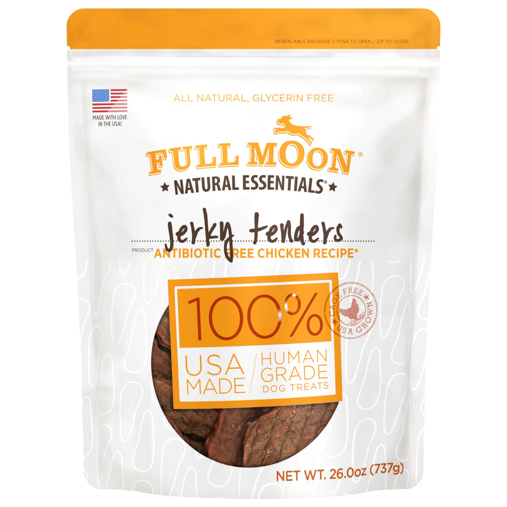 Full Moon Chicken Jerky Tenders bag close-up highlighting all-natural ingredients for training rewards.