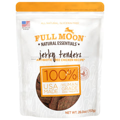 Full Moon Chicken Jerky Tenders bag close-up highlighting all-natural ingredients for training rewards.