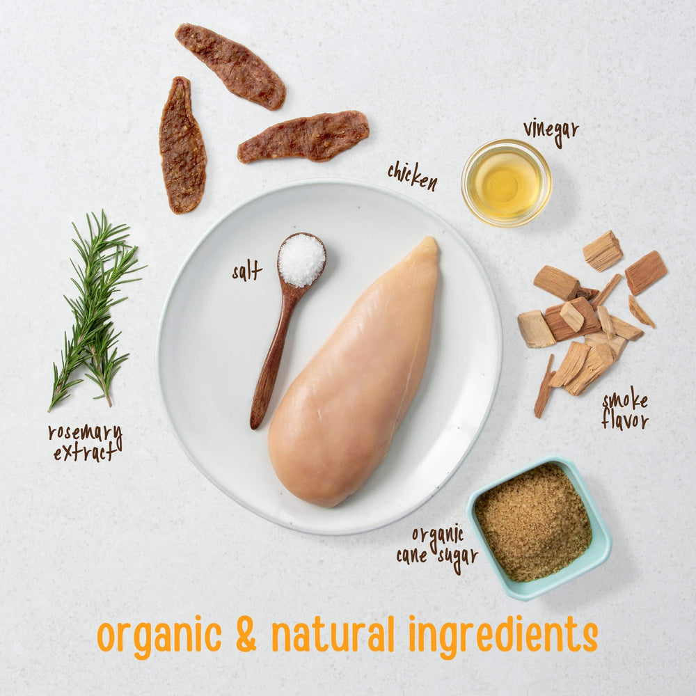 Full Moon Chicken Jerky Tenders ingredient panel shows USA-sourced chicken for wholesome snacking.